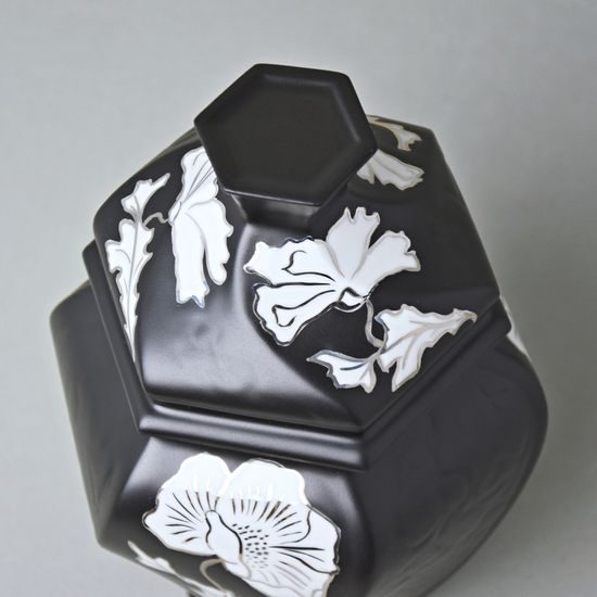 Dóza / Urna šestihran 20 x 14,5 x 13 cm , Černý fond + platina, Porcelán Duchcov