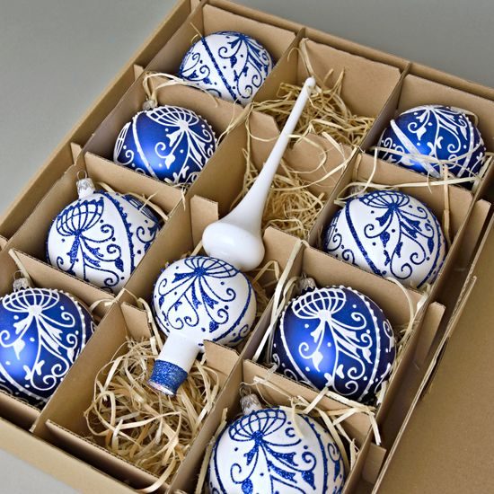 A set of Onion Pattern Christmas Tree Decoration Glass Balls 8 cm + Christmas tree tip, Set 9 pcs.