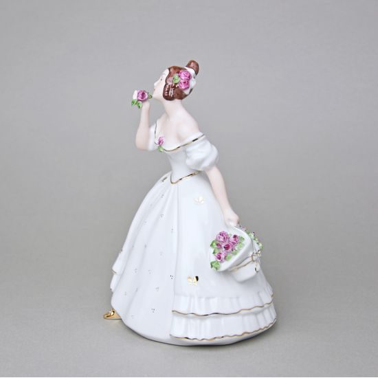 Dívka s kloboukem a růžemi 12 x 14 x 19 cm, Bílá + zlato + saxe, Porcelánové figurky Duchcov