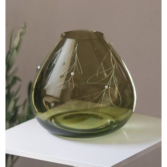 Skleněná váza průsvitná 18,5 cm jmelí s perlami, zelená, Glassor