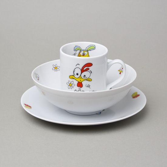 Dětská sada 3-díl., Veselá slepice, dekor Veselá slepice, Thun 1794, karlovarský porcelán