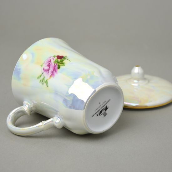 Mug Devon with lid 270 ml - pearl + gold + large roses flowers, Thun 1794 karlovarský porcelán