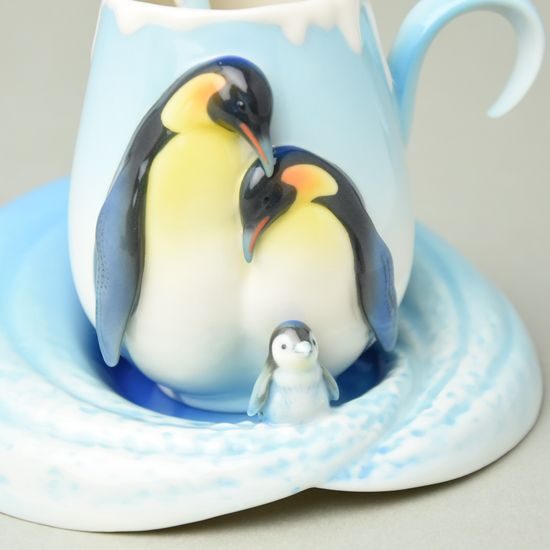 Playful penguins design sculptured porcelain cup and saucer + spoon, FRANZ Porcelain