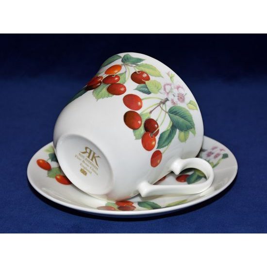 Třešně: Šálek 420 ml a podšálek 17 cm snídaňový, anglický kostní porcelán Roy Kirkham
