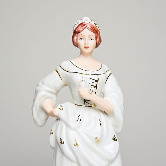 Dáma s květinou 7 x 8 x 19 cm, Bílá + Zlato, Porcelánové figurky Duchcov