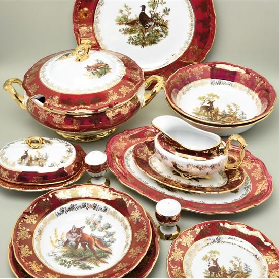 Dinner set for 6 pers., Hunting - ruby, Carlsbad porcelain