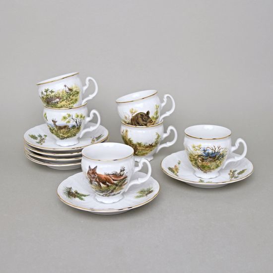 Espresso cup and saucer 75 ml / 12 cm, 6 pcs., Thun 1794 Carlsbad porcelain, BERNADOTTE hunting