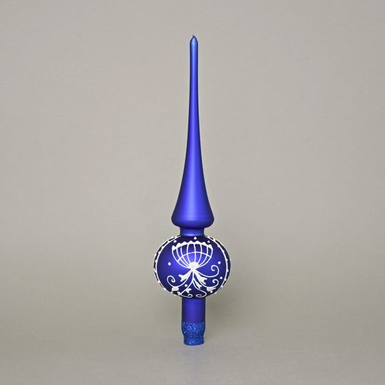 Cibuláková vánoční skleněná špička na stromeček pr. 7 cm, v. 26-27 cm, matná modrá, česká ruční práce