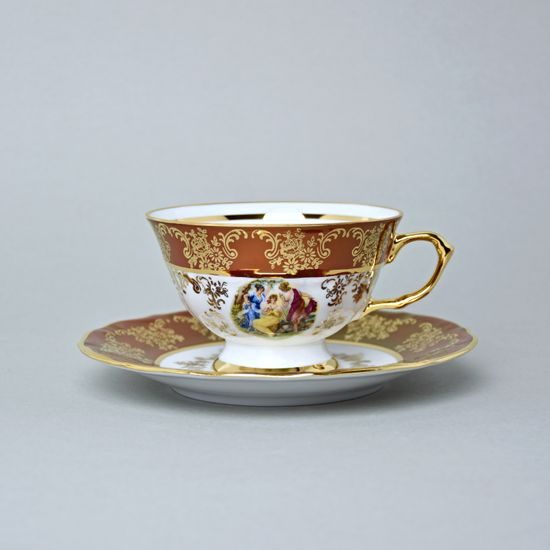 Cup 200 ml tea + sacuer, The Three Graces, gold + ruby red, Queens Crown
