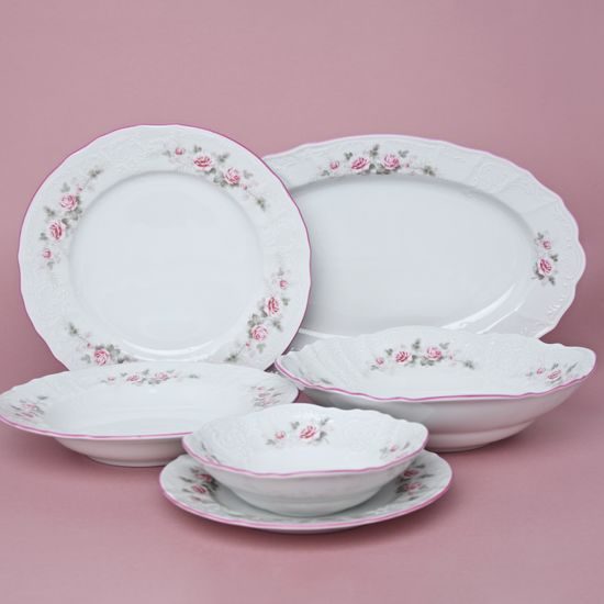 Pink line: Dining set for 26 pcs for 6 persons, Thun 1794 Carlsbad porcelain, BERNADOTTE roses