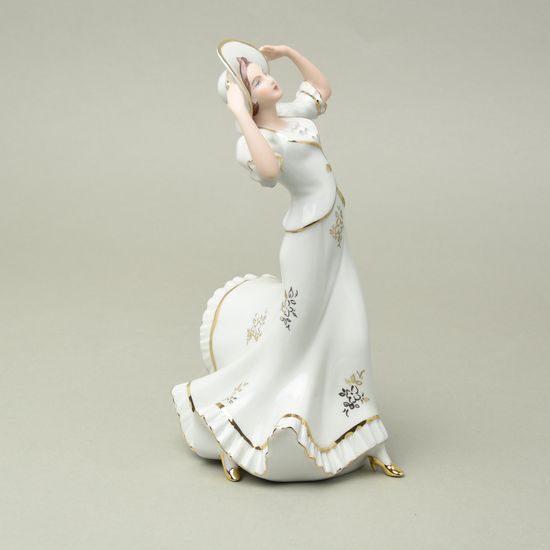 Dáma s kloboukem 16 x 11 x 23 cm, bílá + zlato, Porcelánové figurky Duchcov (2.j.)