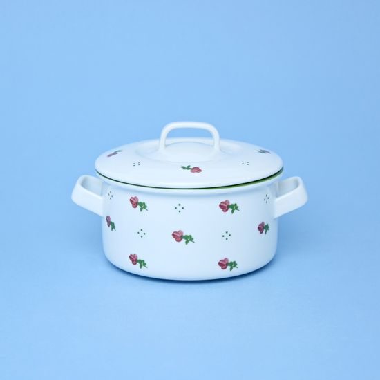 Soup cup / kettle 500 ml with handles and lid, red flowers + green, G. Benedikt 1882