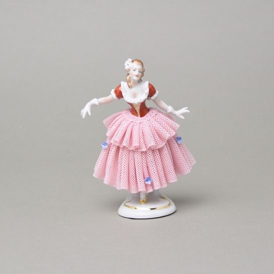 Tanečnice s krajkou 8 x 6 x 12 cm, Kurt Steiner, růžová sukně, Porcelánové figurky Unterweissbacher