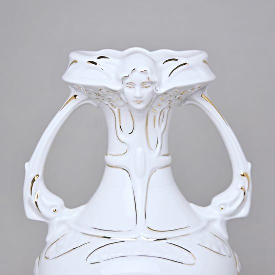 Váza 35,5 cm, Bílá + zlato + květiny, Porcelánové vázy Duchcov