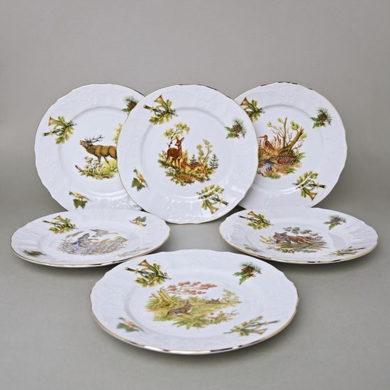 Plate set for 6 persons, Thun 1794 Carlsbad porcelain, BERNADOTTE hunting