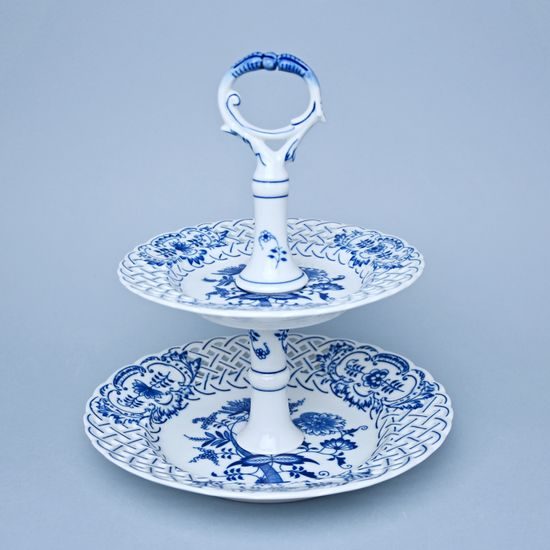Etažér 2-dílný - talíře prolamované / porcelánová tyčka 18 plus 24 cm, Cibulák, originální z Dubí