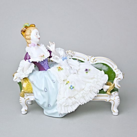 Pejsek na klíně dámy s krajkou 21 x 12 x 16 cm, Kurt Steiner, Porcelánové figurky Unterweissbacher