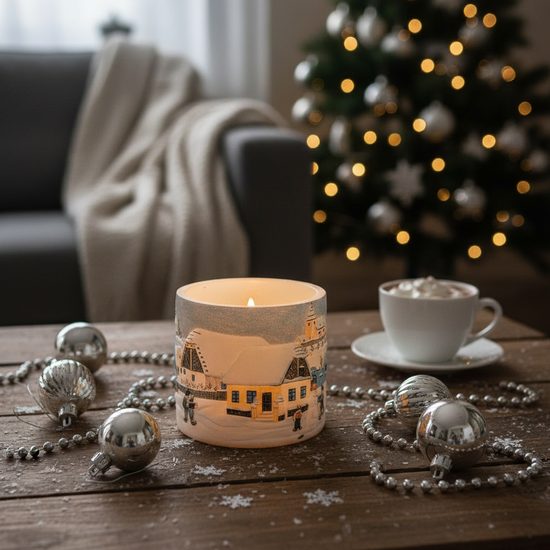 Tea light Latern with 3D illustration of JOSEF LADA "Building a snowman", Glassor