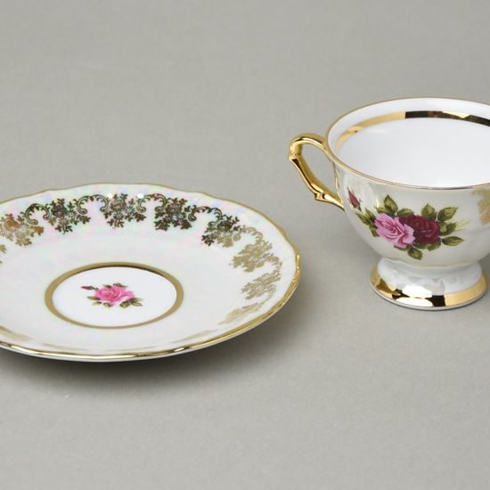 Šálek 90 ml espresso na nožce + podšálek 12 cm, Cecily - růže, porcelán QueensCrown