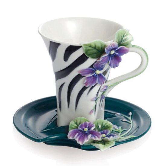 Jewels of the jungle zebra design sculptured porcelain cup/saucer, FRANZ Porcelain