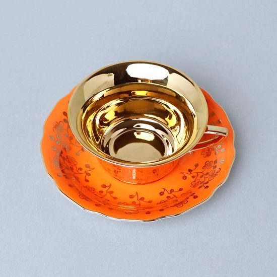Cup 110 ml for tea + saucer 12,7 cm Windsor, Orange + inside gold, Leander 1907 Loučky
