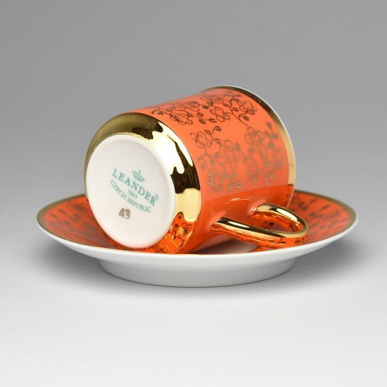 Cup 100 ml espresso + saucer 10,5 cm, inside gold, orange, Leander 1907