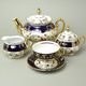 Tea set for 6 pers., The Three Graces + gold + COBALT, Queens Crown porcelain