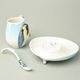 Playful penguins design sculptured porcelain cup and saucer + spoon, FRANZ Porcelain