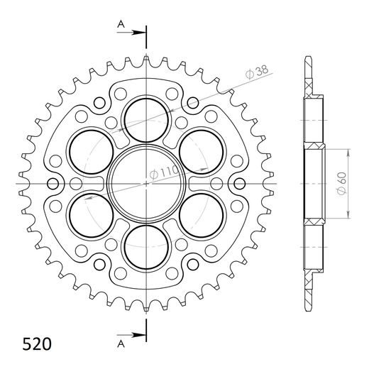 REAR SPROCKET SUPERSPROX STEALTH RST-737:43-BLK, JUODOS SPALVOS 43T, 520