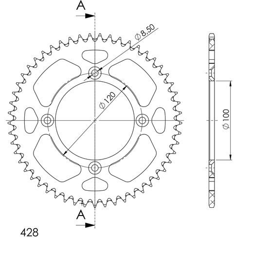 REAR ALU SPROCKET SUPERSPROX RAL-998:53-BLK, JUODOS SPALVOS 53T, 428
