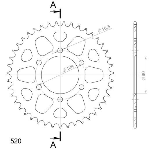REAR ALU SPROCKET SUPERSPROX RAL-478:43-BLK, JUODOS SPALVOS 43T, 520