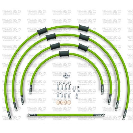 STANDARD FRONT BRAKE HOSE KIT VENHILL POWERHOSEPLUS KAW-10006FS-GR (5 ŽARNELĖS RINKINYJE) GREEN HOSES, STAINLESS STEEL FITTINGS