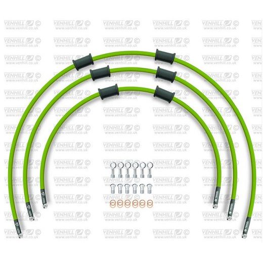 STANDARD FRONT BRAKE HOSE KIT VENHILL POWERHOSEPLUS KAW-10007F-GR (3 ŽARNELĖS RINKINYJE) GREEN HOSES, CHROMED FITTINGS