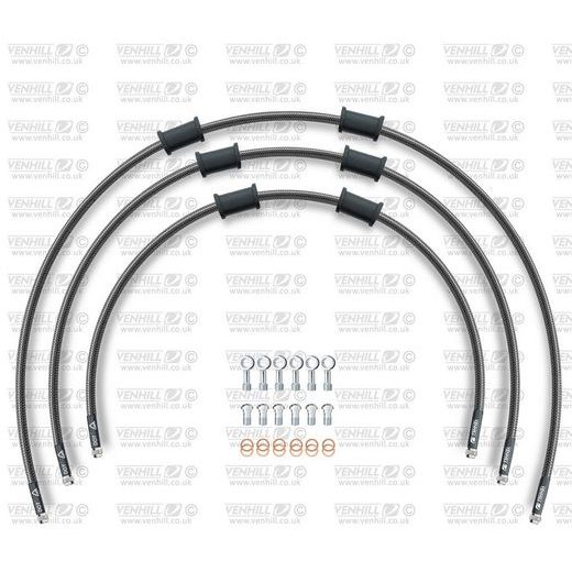 STANDARD PRIEKŠĒJO BREMŽU ŠĻŪTEŅU KOMPLEKTS VENHILL POWERHOSEPLUS HON-9004F-CB (3 ŠĻAUKAS KOMPL.) CARBON HOSES, CHROMED FITTINGS