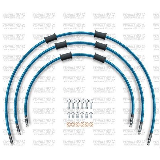 STANDARD PRIEKŠĒJO BREMŽU ŠĻŪTEŅU KOMPLEKTS VENHILL POWERHOSEPLUS KAW-4001F-TB (3 ŠĻAUKAS KOMPL.) TRANSLUCENT BLUE HOSES, CHROMED FITTINGS