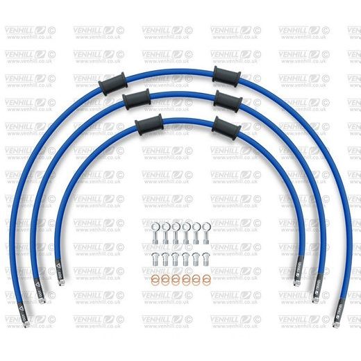 STANDARD PRIEKŠĒJO BREMŽU ŠĻŪTEŅU KOMPLEKTS VENHILL POWERHOSEPLUS KAW-4002F-SB (3 ŠĻAUKAS KOMPL.) SOLID BLUE HOSES, CHROMED FITTINGS