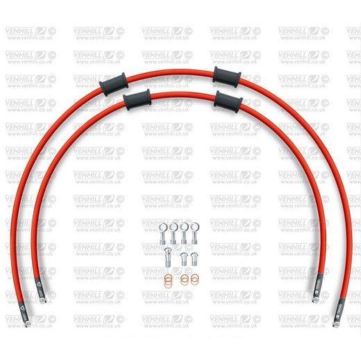 RACE PRIEKŠĒJO BREMŽU ŠĻŪTEŅU KOMPLEKTS VENHILL POWERHOSEPLUS TRI-7002F-RD (2 ŠĻAUKAS KOMPLEKTĀ) RED HOSES, CHROMED FITTINGS