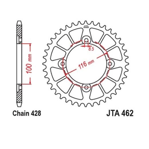 AIZMUGURĒJAIS ALU ĶĒDES ZOBRATS JT JTA 462-50BLK 50T, 428 MELNS