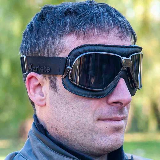 GOGGLES ARIETE ARIETE VINTAGE 13990-NV BLACK LEATHER RUTHENIUM FRAME, FUME LENS