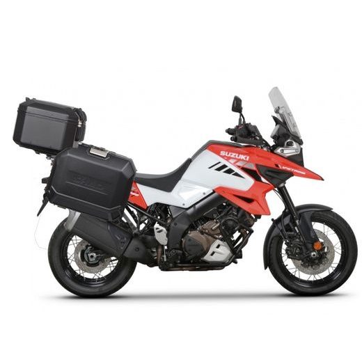 KOMPLET ALUMINIJASTIH KOVČKOV Z NOSILCI IN PLOŠČO SHAD TERRA BLACK, 48L ZADNJI KOVČEK IN 36L/47L STRANSKI KOVČKI SHAD SUZUKI DL 1000 V-STROM/ DL 1050 V-STROM