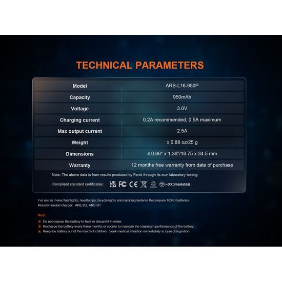 Dobíjecí USB baterie Fenix RCR123A 950 mAh (Li-ion)