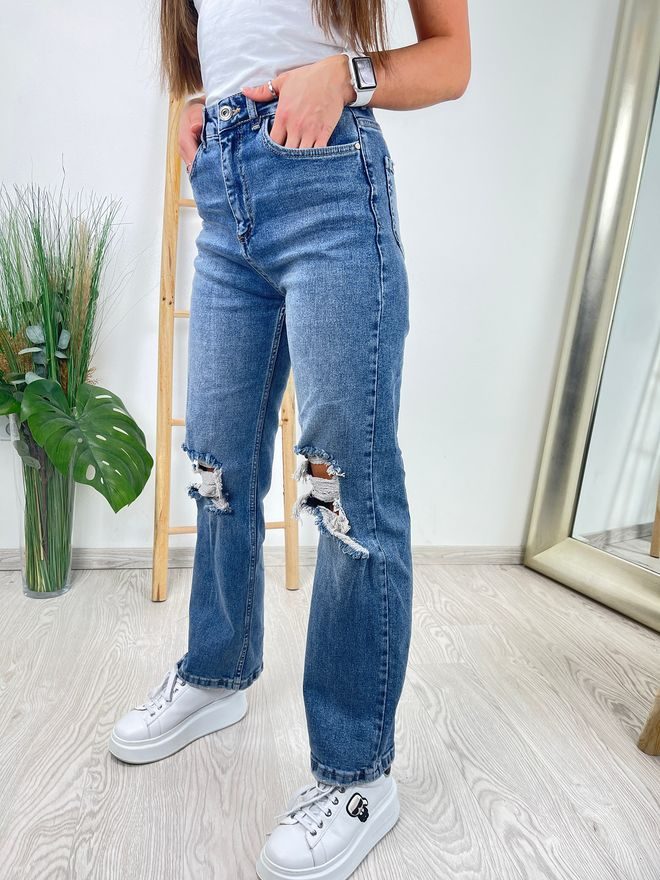 Straight džíny s trháním modré