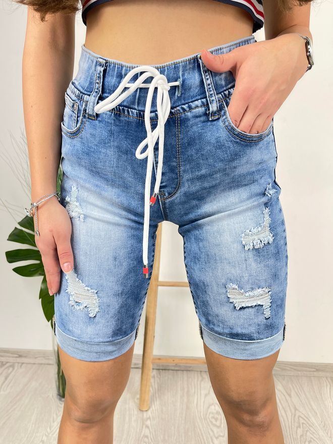 Džínové šortky v pase na gumu a s trháním modré