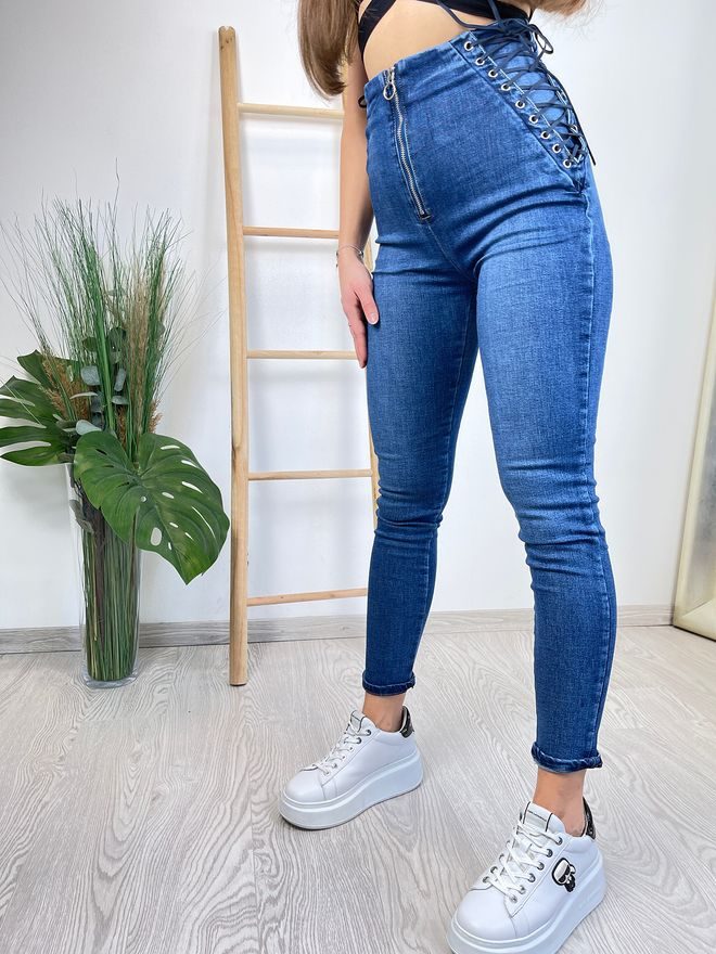 Skinny džíny s vysokým pasem a šněrováním modré