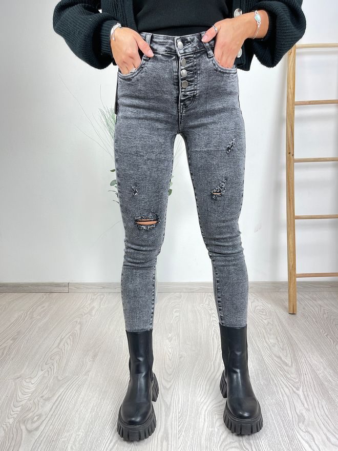 Skinny džíny se zapínáním na knoflíky a trháním šedé