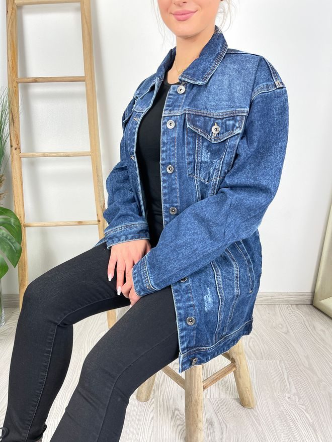 Bunda džínová dlouhá s trháním tmavě modrá