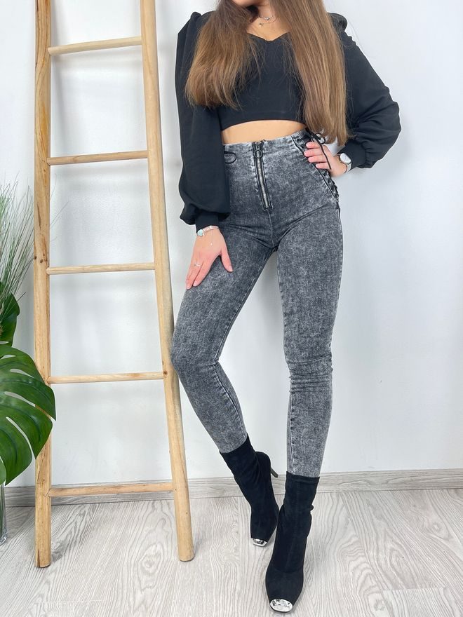 Skinny džíny s vysokým pasem a šněrováním tmavě šedé