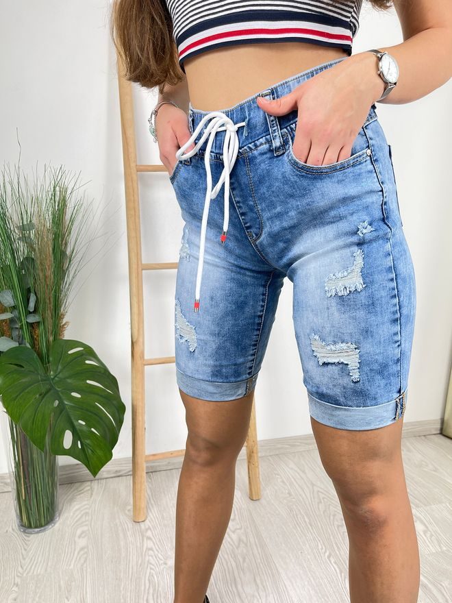 Džínové šortky v pase na gumu a s trháním modré