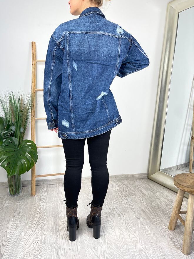 Bunda džínová dlouhá s trháním tmavě modrá