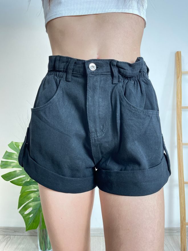 Džínové baggy kraťasy s gumou v pase černé